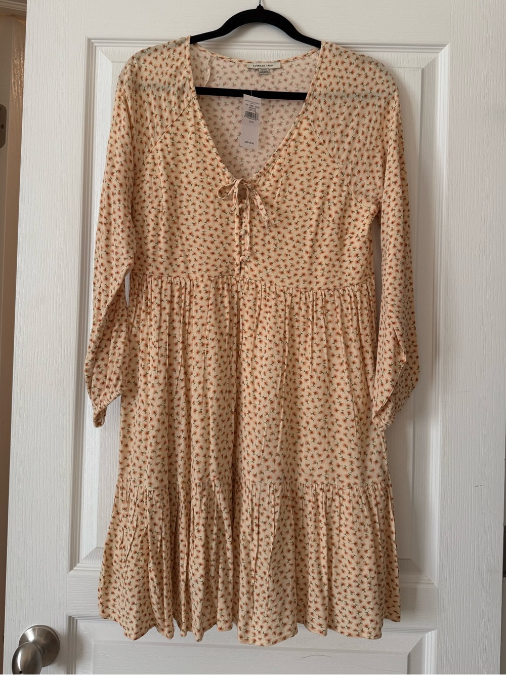 American Eagle Long Sleeve Babydoll Dress Button Tie top Butter Yellow Floral M